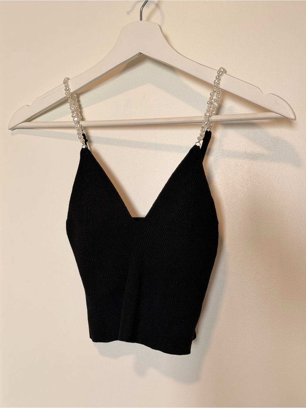 Forever 21 Black Knit Camisole with Pearl Straps
